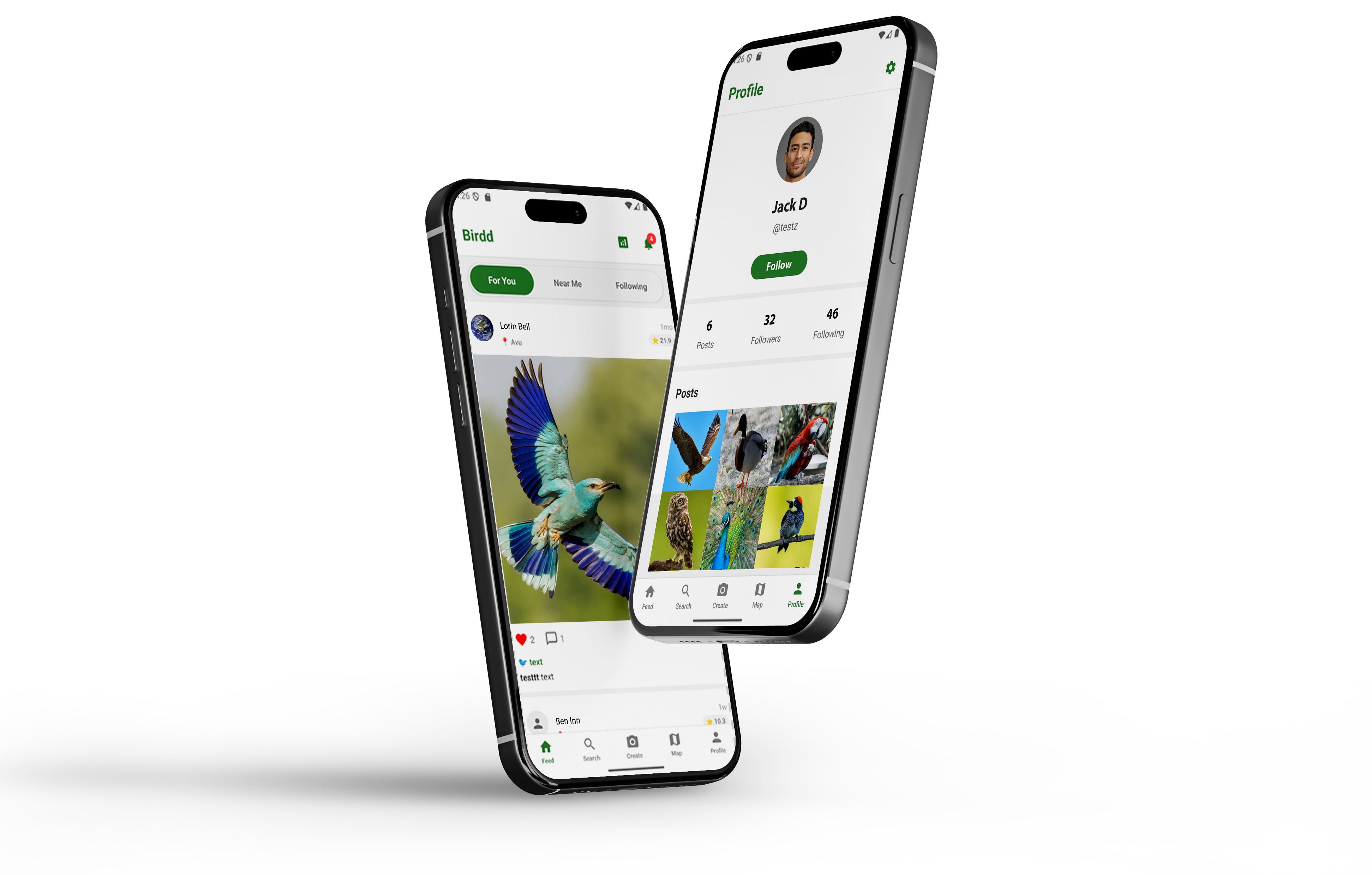 Three iPhone mockups showing the Birdwatch app